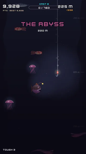 Cast 8: dropping into the abyss at 225 m, past an anglerfish